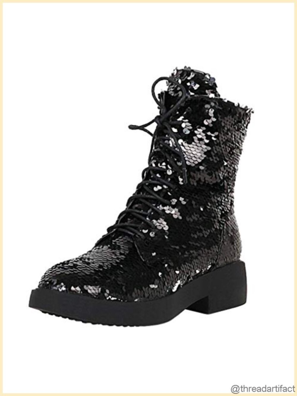 Sequin Lace Up Chunky Heel Combat Ankle Booties Sparkle Party Boots